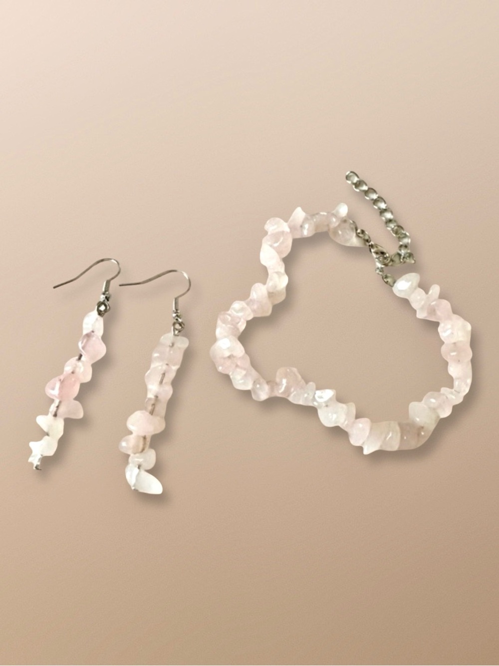 Natural Stone Light Pink Handcrafted Boho Jewelry Set – Bracelet & Earrings